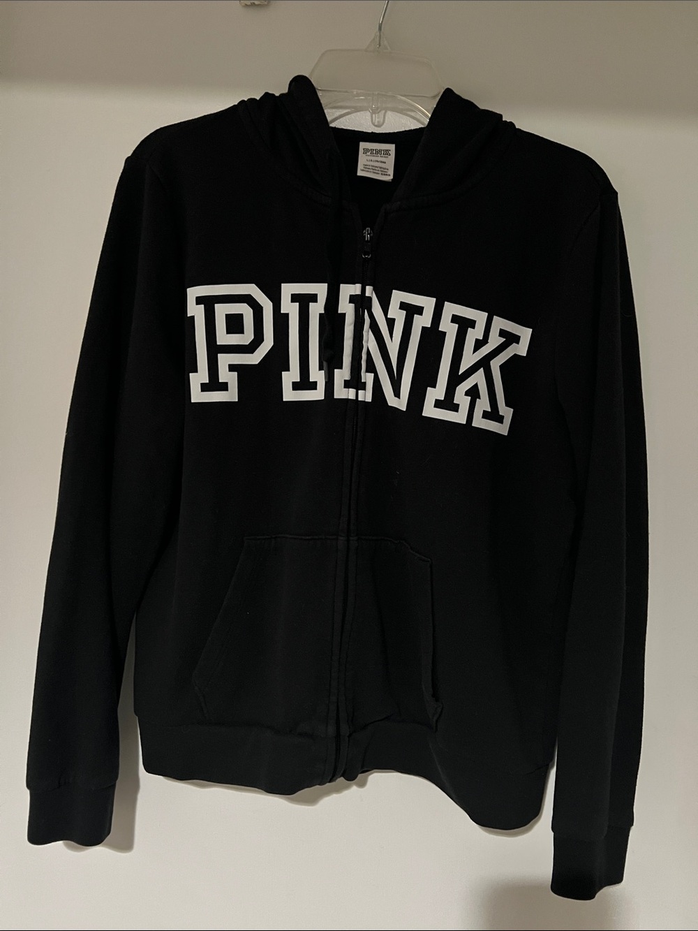 PINK Victoria's Secret Black Zip-Up Hoodie with White Logo Size Large